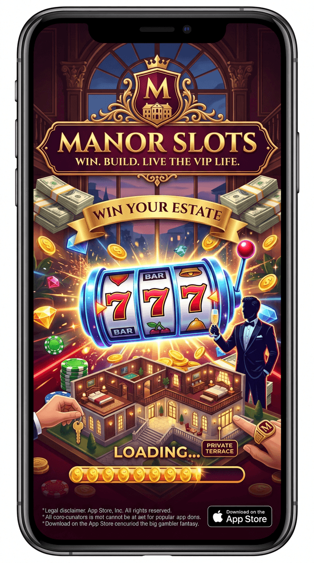 Manor Slots game showing luxury slot machines and manor estate building